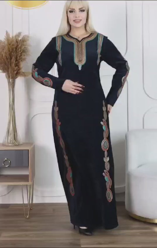 Women's Velvet Embroidered Thobe  - High-Quality Fabric