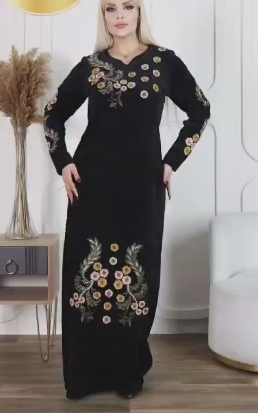 Women's Velvet Embroidered Thobe - High-Quality Fabric